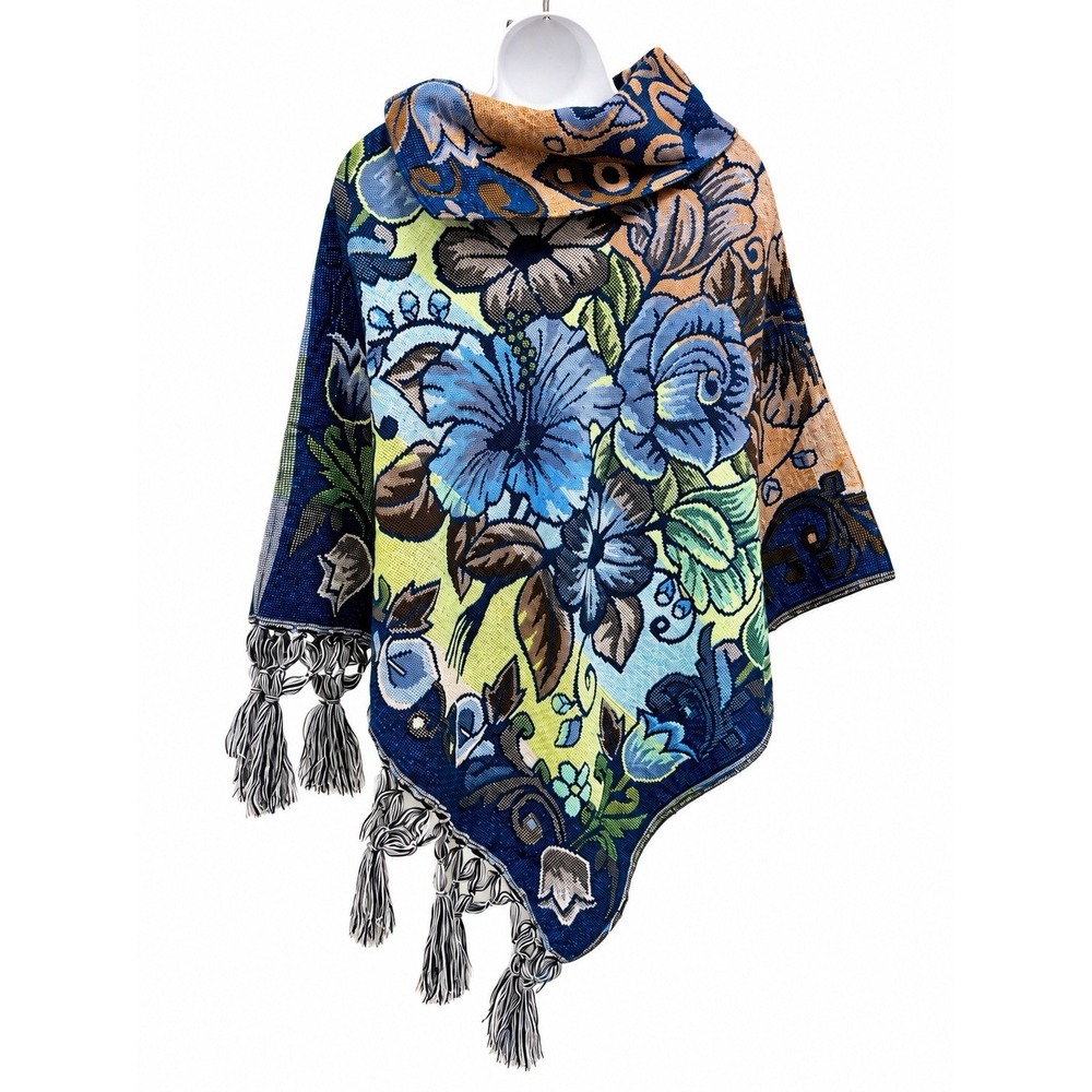 New Womens Floral Poncho One Size Cowl Neck Fringe Tassel Boho Wrap Sweater